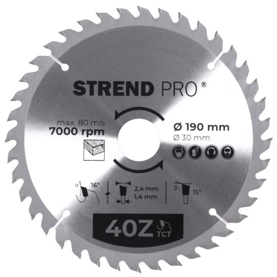 Диск циркулярный Strend рro TсT 190x2,4x30/20 мм 40T, по дереву Диск циркулярный Strend рro TсT 190x2,4x30/20 мм 40T, по дереву