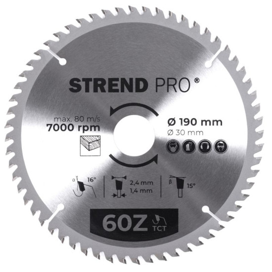 Диск циркулярный Strend рro TсT 190x2,4x30/20 мм 60Т, по дереву