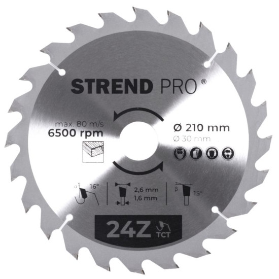 Диск циркулярный Strend рro TсT 210x2,6x30/20 мм 24T, по дереву