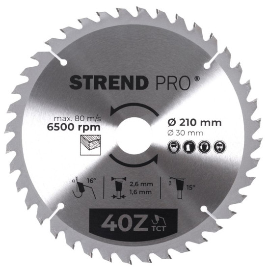 Диск циркулярный Strend рro TсT 210x2,6x30/20 мм 40Т, по дереву