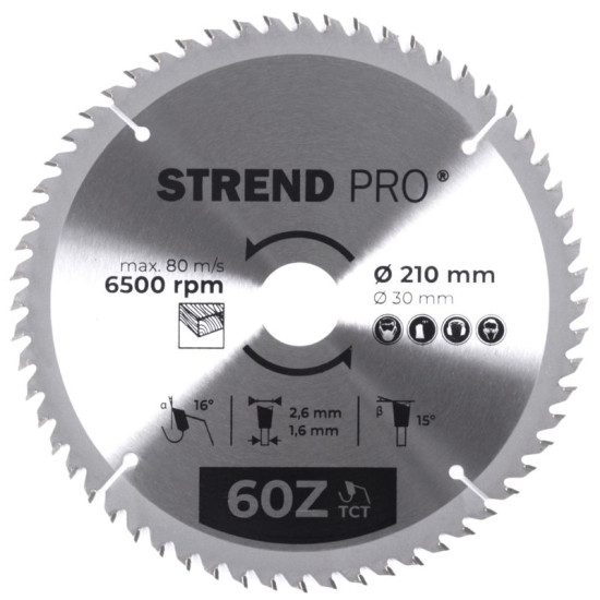 Диск циркулярный Strend Pro TCT 210х2,6х30/20 мм 60Т, по дереву Диск циркулярный Strend Pro TCT 210х2,6х30/20 мм 60Т, по дереву