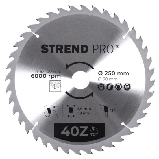 Диск циркулярный Strend рro TсT 250x3,0x30/20 мм 40Т, по дереву