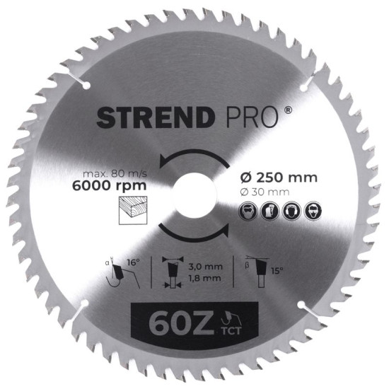 Диск циркулярный Strend рro TсT 250x3,0x30/20 мм 60T, по дереву
