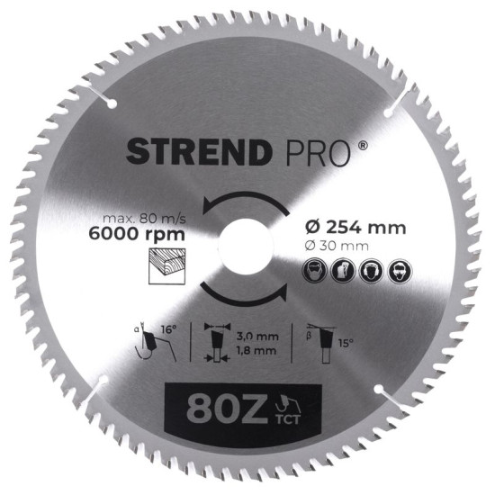 Диск циркулярный Strend рro TсT 254x3.0x30/20 мм 80T, по дереву