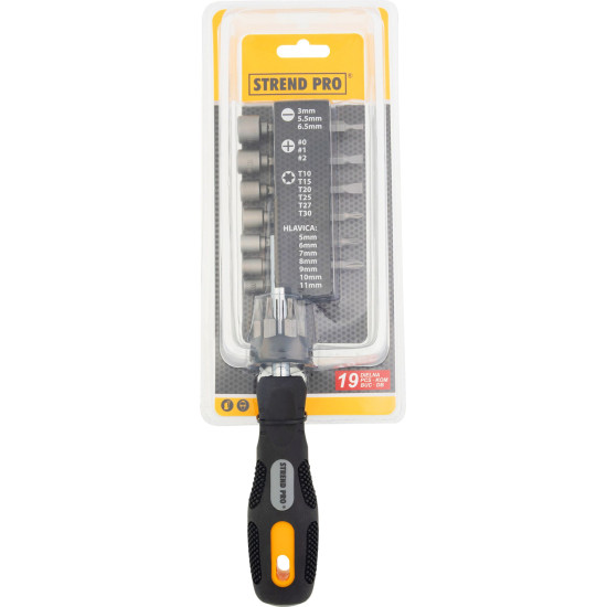 Набор отверток и насадок 19 шт. Strend Pro, биты SL-3, 5,5, 6,5 мм/PH0, PH1, PH2 TRX T10, T15