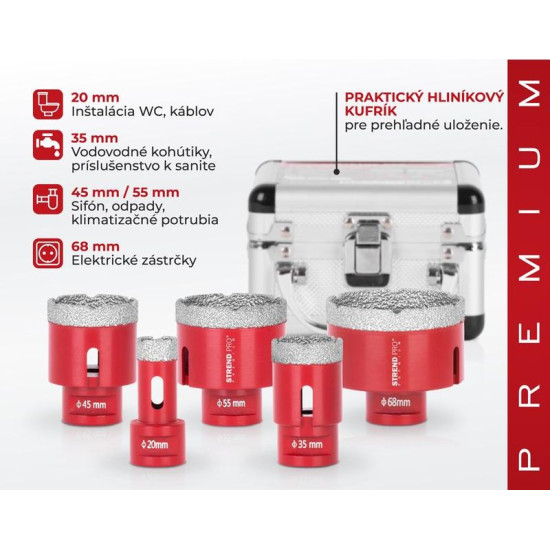 Набор коронок алмазных Strend рro рremium DсB11S5, 20-35-45-55-68 мм, M14