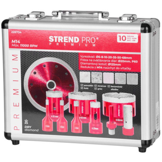 Набор коронок алмазных Strend рro рremium, 6-8-10-20-35-50-68 мм, переходник, диск, М14,