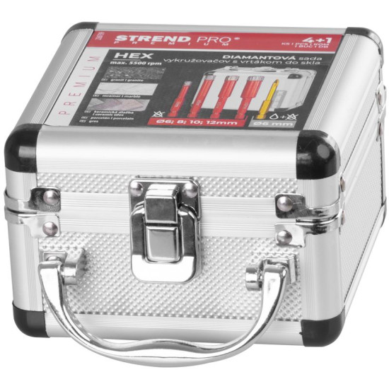 Dry diamond drill set Strend Pro Premium, 6-8-10-12 mm, HEX, 6 mm, glass drill bit, diamond core hol