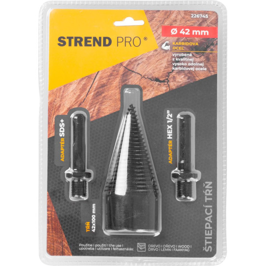 Strend Pro mandrel, splitting wedge, cone, 42 mm, HEX 1/2" and SDS+ adapters, for wood