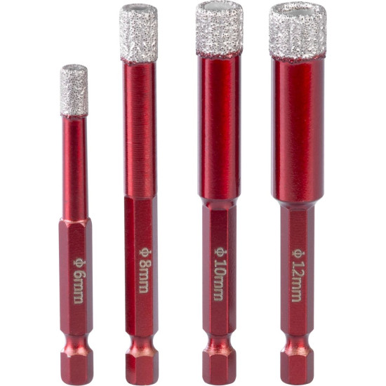 Набор алмазных коронок Strend Pro Premium, 6-8-10-12 мм, шестигранник 1/4", с шаблоном для сверления отверстий