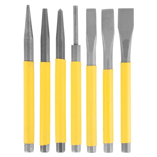 Набор пробойников и долото 7шт Strend Pro,
3x долото плоское
2x кернер
2x пробойников