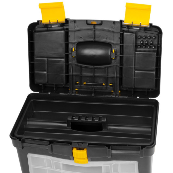 Plastmasas instrumentu kaste
450x260x620mm regulējams rokturis
- ar riteņiem, maks. 25 kg