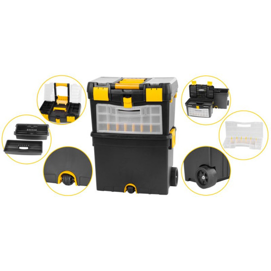 Plastmasas instrumentu kaste
450x260x620mm regulējams rokturis
- ar riteņiem, maks. 25 kg