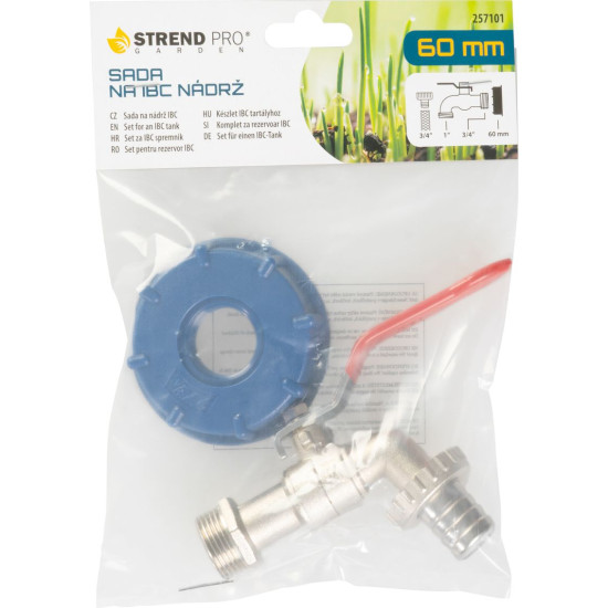 Strend Pro Kit, кран 3/4" + пластиковый редуктор 60 мм + 1" носик, для бака IBC, оцинкованный Strend Pro Kit, кран 3/4" + пластиковый редуктор 60 мм + 1" носик, для бака IBC, оцинкованный