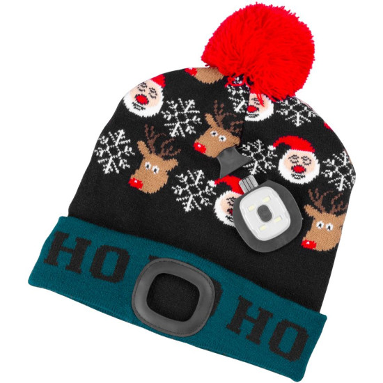 Шапка Beanie Strend Pro X-mas Ho-Ho, зелено-черная L, 4x SMD LED, зарядка через USB