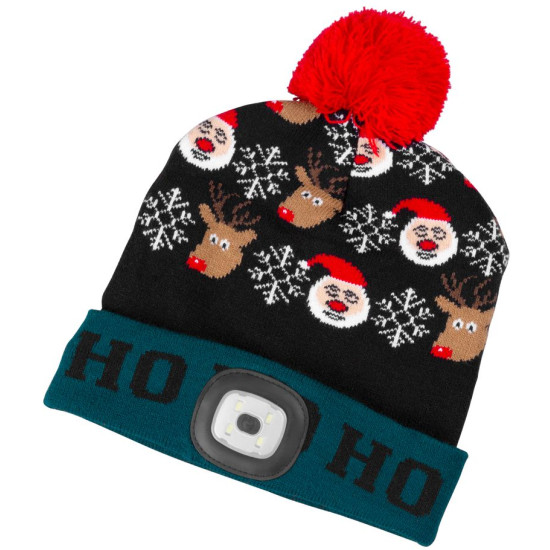Шапка Beanie Strend Pro X-mas Ho-Ho, зелено-черная L, 4x SMD LED, зарядка через USB