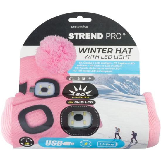 Детская шапка Strend Pro розовая M, с помпонами, 4x SMD светодиода, зарядка через USB