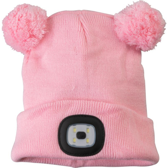 Детская шапка Strend Pro розовая M, с помпонами, 4x SMD светодиода, зарядка через USB