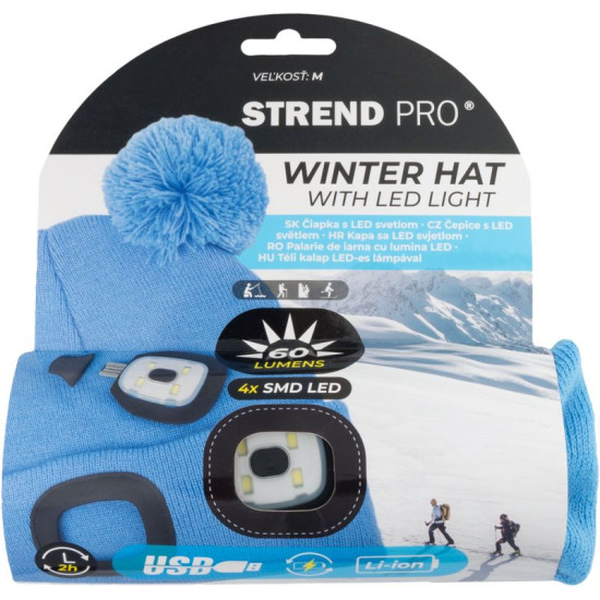 Детская шапка Strend Pro синяя, размер M, с помпонами, 4 светодиода SMD, зарядка через USB Детская шапка Strend Pro синяя, размер M, с помпонами, 4 светодиода SMD, зарядка через USB