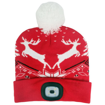 Рождественская шапкаStrend Pro красная, с оленями, L, 4x SMD LED, зарядка через USB