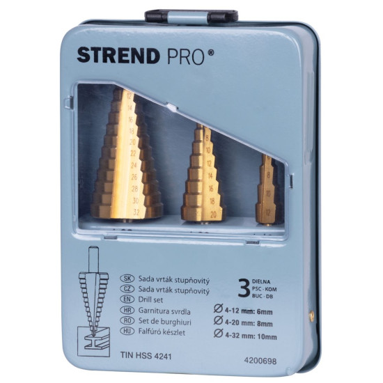 Pakāphveidu urbju komplekts Strend Pro SS421, 4-12, 4-20, 4-32 mm, TiN, HSS 4241, metālam Pakāphveidu urbju komplekts Strend Pro SS421, 4-12, 4-20, 4-32 mm, TiN, HSS 4241, metālam