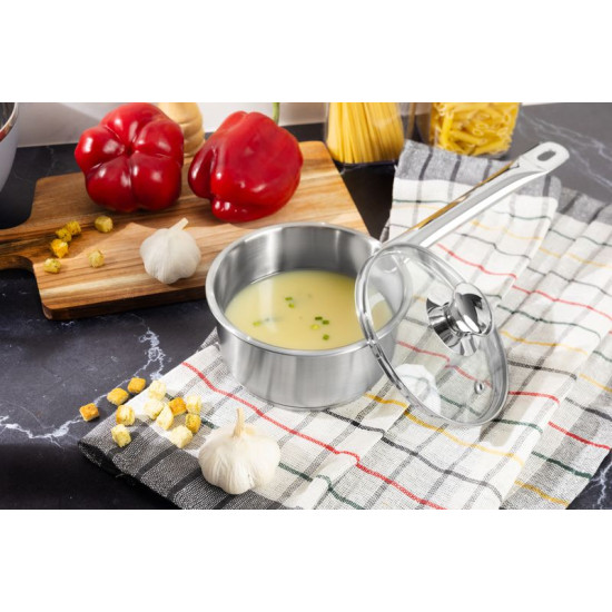 Ковшик с ручкой MagicHome Chloe, 14 см, 1 литр со стеклянной крышкой, нержавеющая сталь