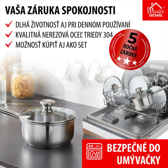 Ковшик с ручкой MagicHome Chloe, 18 см, 2 литра со стеклянной крышкой, нержавеющая сталь