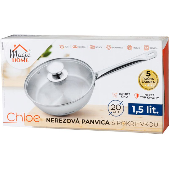MagicHome Chloe frying pan, 20 cm, 1.5 liters, with glass lid, stainless steel