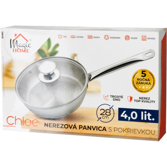 MagicHome Chloe frying pan, 28 cm, 4 liters, with glass lid, stainless steel