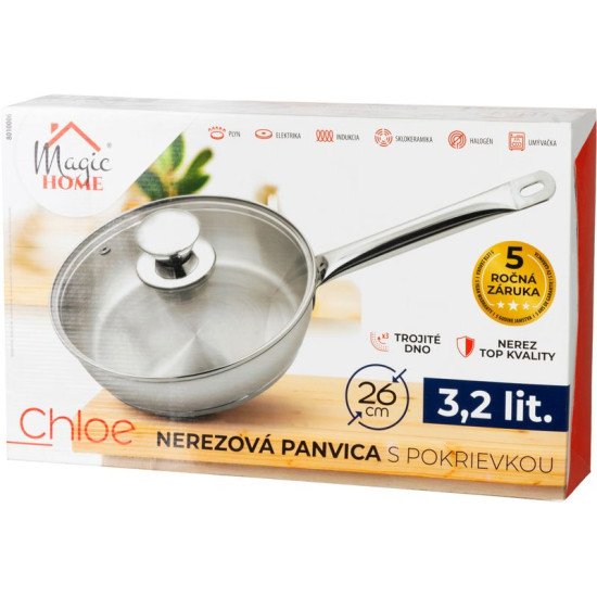 MagicHome Chloe frying pan, 26 cm, 3.2 liters, with glass lid, stainless steel