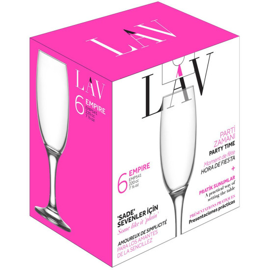 Empireglāzes, LAV, stikls, šampanietim, 220 ml, 49x210 mm, pak. 6 gab