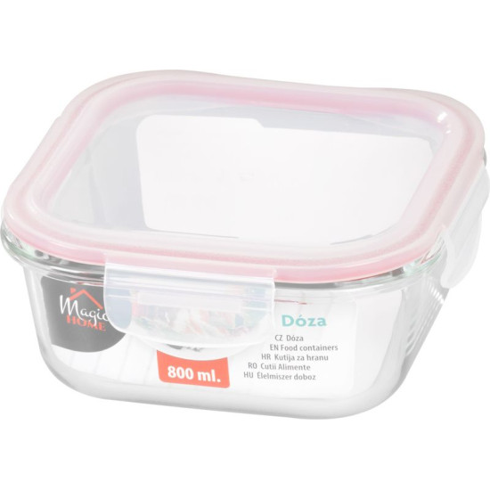 Баночка MagicHome, квадратная, 800 мл, с крышкой, Клипса, стекло