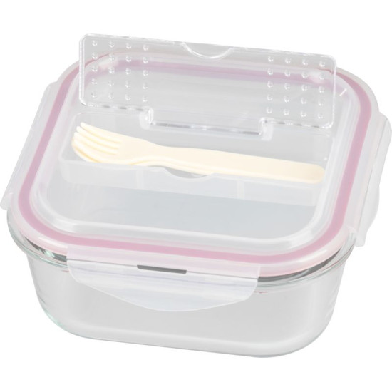 Баночка MagicHome, квадратная, с крышкой, 1200 мл, со столовыми приборами, Клипса, стакан