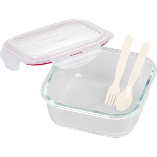 Баночка MagicHome, квадратная, с крышкой, 1200 мл, со столовыми приборами, Клипса, стакан