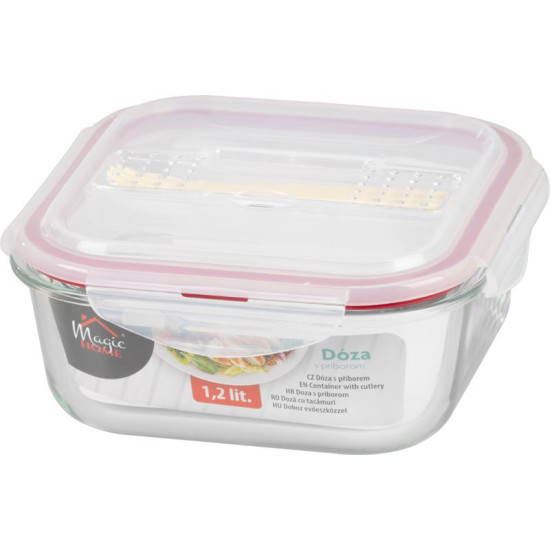 Баночка MagicHome, квадратная, с крышкой, 1200 мл, со столовыми приборами, Клипса, стакан