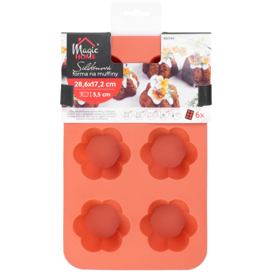 Форма Mаgiс Home для выпечки, на 6 булочек, силикон, цветочный узор, красная, 28,6x17,2х3,5 см