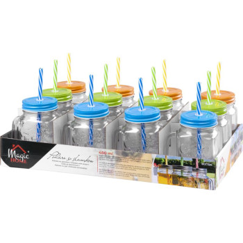 Бутылка для питья MagicHome, с трубочкой, с цветной крышкой, стекло, 480 мл, в упак. 12 шт.