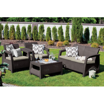 Allibert Corfu terrace set, brown/oat, table, sofa, 2x chair