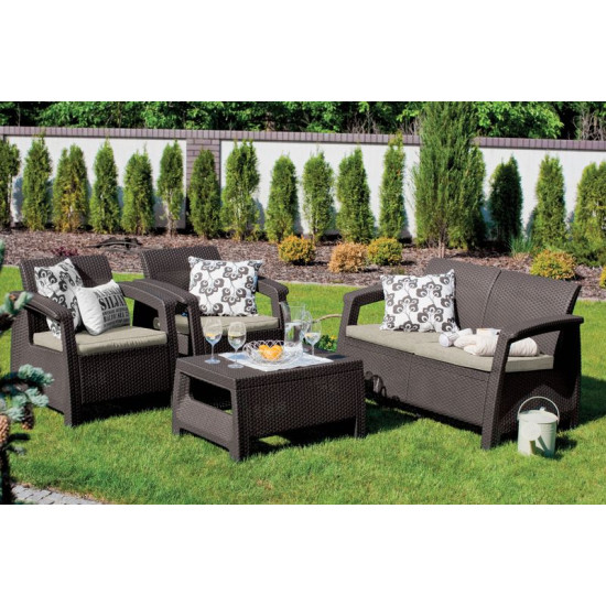 Allibert Corfu terrace set, brown/oat, table, sofa, 2x chair
