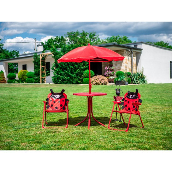 Bērnu mēbeļu komplekts dārza LEQ MELISENDA Mariquita, mārīte, saulessargs 105 cm, galds 50 cm, 2 krēsli