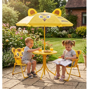 Bērnu mēbeļu komplekts dārza LEQ MELISENDA, tīģeris, saulessargs 105 cm, galds 50 cm, 2 krēsli, bērnu