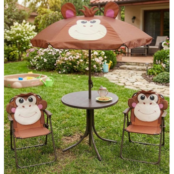 Bērnu mēbeļu komplekts dārza LEQ MELISENDA Mono, mērkaķis, saulessargs 105 cm, galds 50 cm, 2 krēsli Bērnu mēbeļu komplekts dārza LEQ MELISENDA Mono, mērkaķis, saulessargs 105 cm, galds 50 cm, 2 krēsli