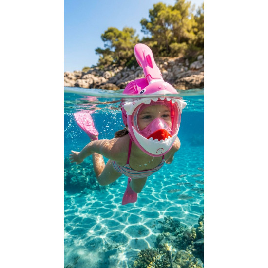 Snorkelēšanas maska ​​Haizivs, pilna seja, bērniem 4+, XS, rozā