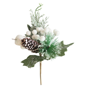 Декоративная ветка  с шишкой, белая, 21см.