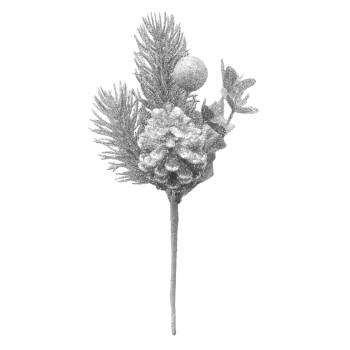 Декоративная ветка с шишкой, серебро, 21см