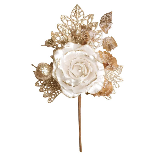 Декоративная ветка  с розой, кремовая, 25,5 см.