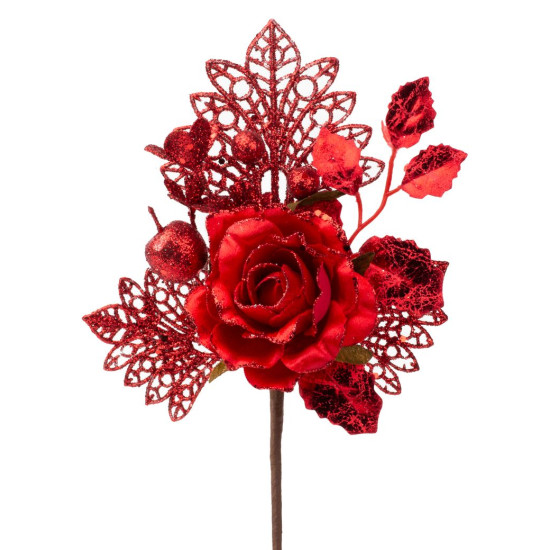 Декоративная ветка с розой, красная, 25,5 см.