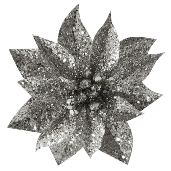Flower MagicHome Christmas GlitterPoinsettia, with pin, silver, flower size: 9 cm, flower length: 8 cm, 6 pcs
