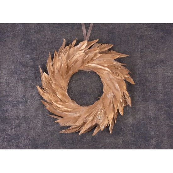Рождественский венок MаgiсHome, венок из перьев, золото, 35 см, подвесной.