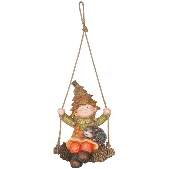 Dekorācija MagicHome Nature, Meitenīte sēž uz priedes čiekura, keramika, 33x26x43 cm